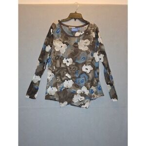 Simply Vera Vera Wang Womens Blue Floral Long Sleeve Handkerchief Hem Top Size M